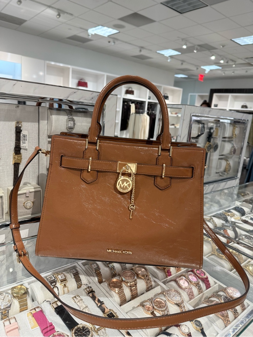 Michael Kors Outlet Landon Medium Patent Satchel in Brown